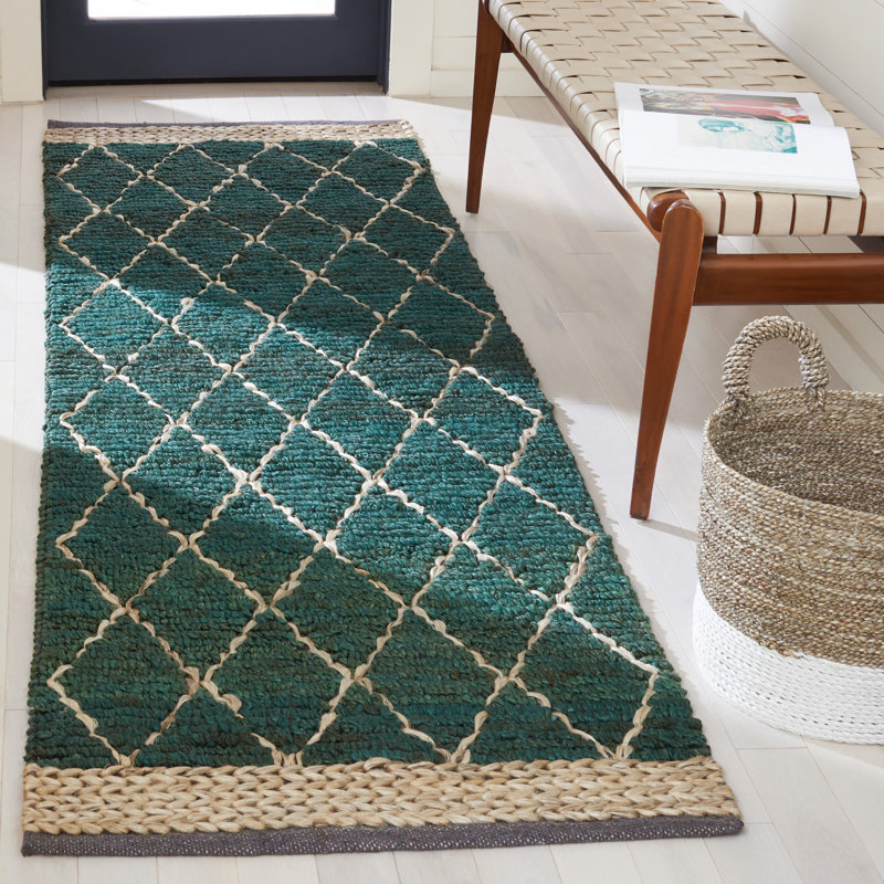 Kedron Natural Fiber Hand Loomed Jute/Cotton Geometric Rug in Dark Green, Runner 2'6" x 8'