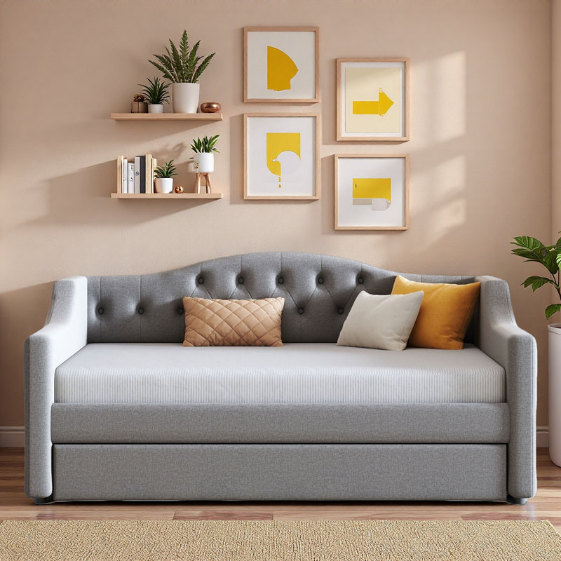 Modern Upholstered Daybed With Led Belt And Trundle, Full XL, Gray