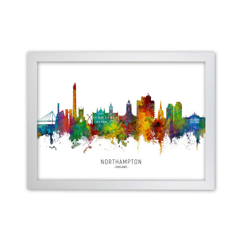 Northampton England Skyline by Michael Tompsett - Print, White Framed, 25cm H x 34cm W x 3cm D