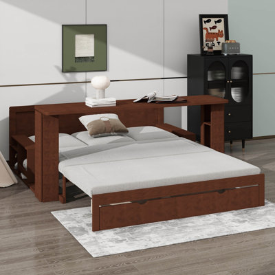 Daybed In Queen Size Featuring Detachable Desk, Drawers For Storage & Side Table With Hydraulic Lift