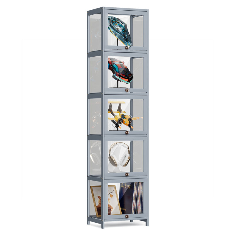 5-Tier Display Cabinet With Flip Up Door, Curio Cabinet Collection Display Shelf Showcase Bookcase, Gray  