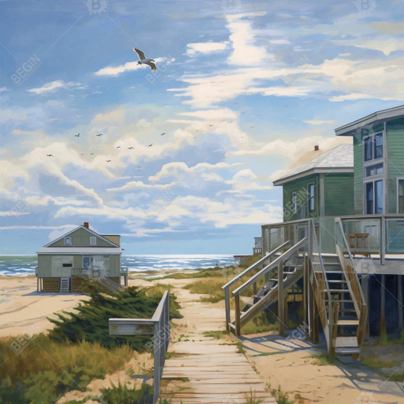 Peaceful House - Blue Sea, reproduction d'art sur toile contemporaine