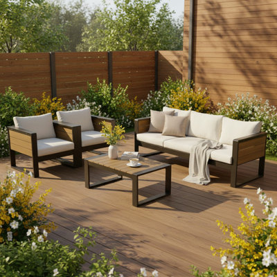 4 - Pieces Patio Conversation Set With Cushions, Aluminum & WPC, Fold-Out Side Tables, Industrial, Outdoor Use