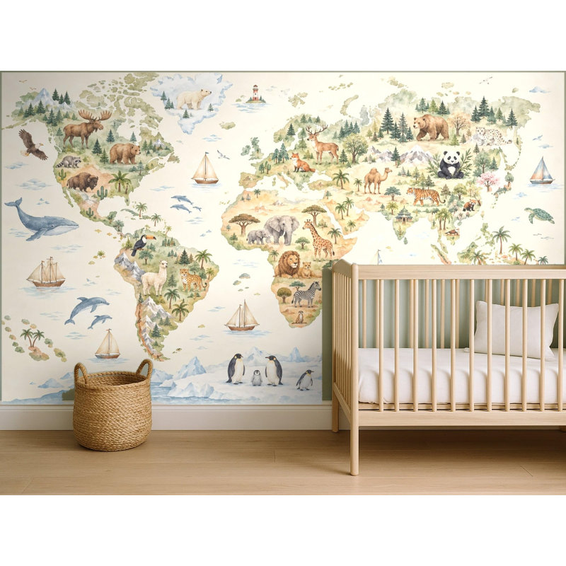 World Map with Animals Wallpaper Mural, Peel and Stick Kids Room Wall Mural, Watercolor Nursery Wallpaper Made to Measure
