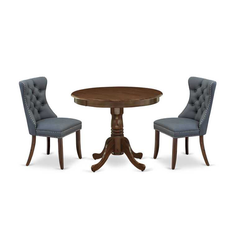 3-Piece Antique Walnut Finish Solid Wood Top - Round Dining Room Set - Seats 4, Gray, Acacia Walnut