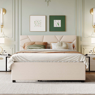 Lit plateforme tapissier avec tête de lit à motif brique et lit gigogne simple TG