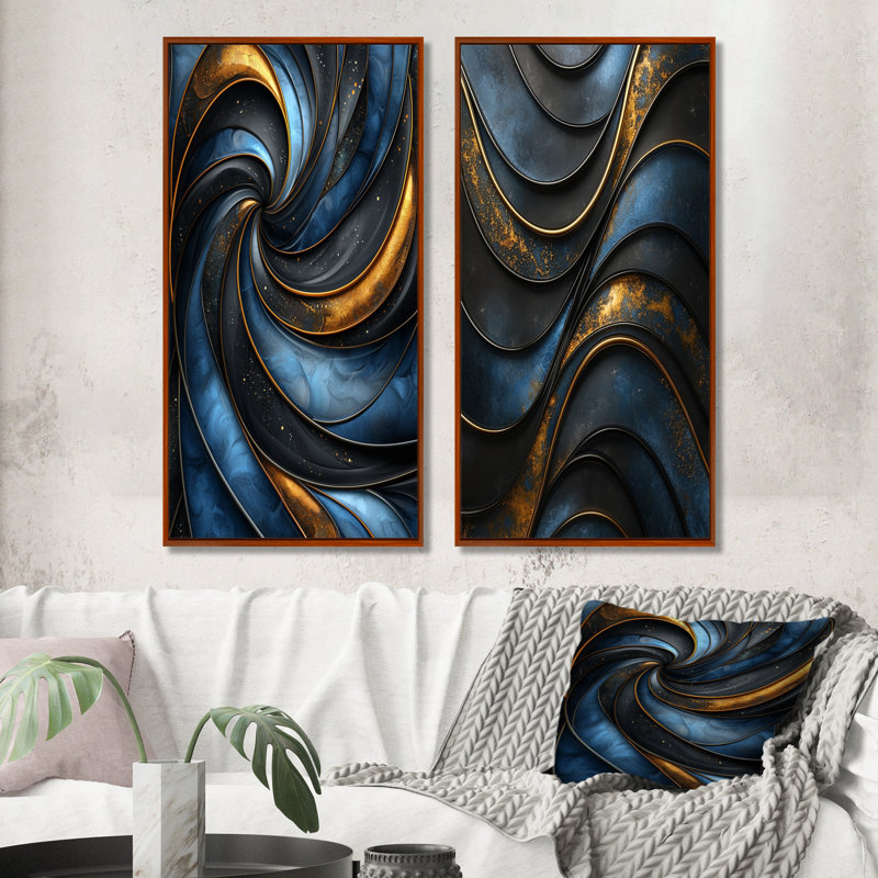 Fractale turquoise dérive de marbre I - décoration murale abstraite 2 panneaux, H 32 po x l 33 po, Cadre flottant brun