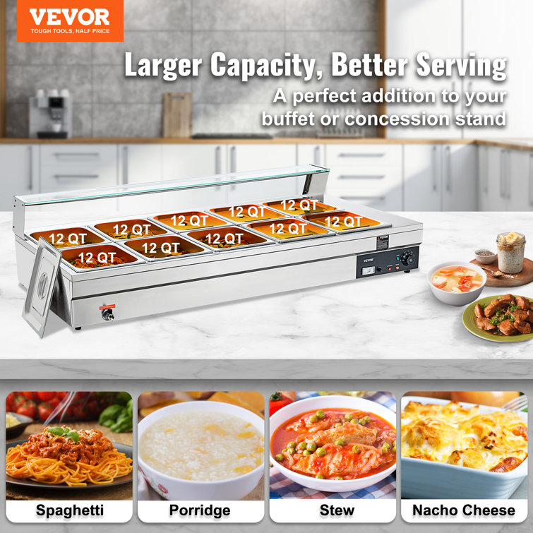 VEVOR 10 Pan 120 Quarts Commercial Food Warmer with Tempered Glass Cover,  1800W Countertop Stainless Steel Buffet Bain Marie