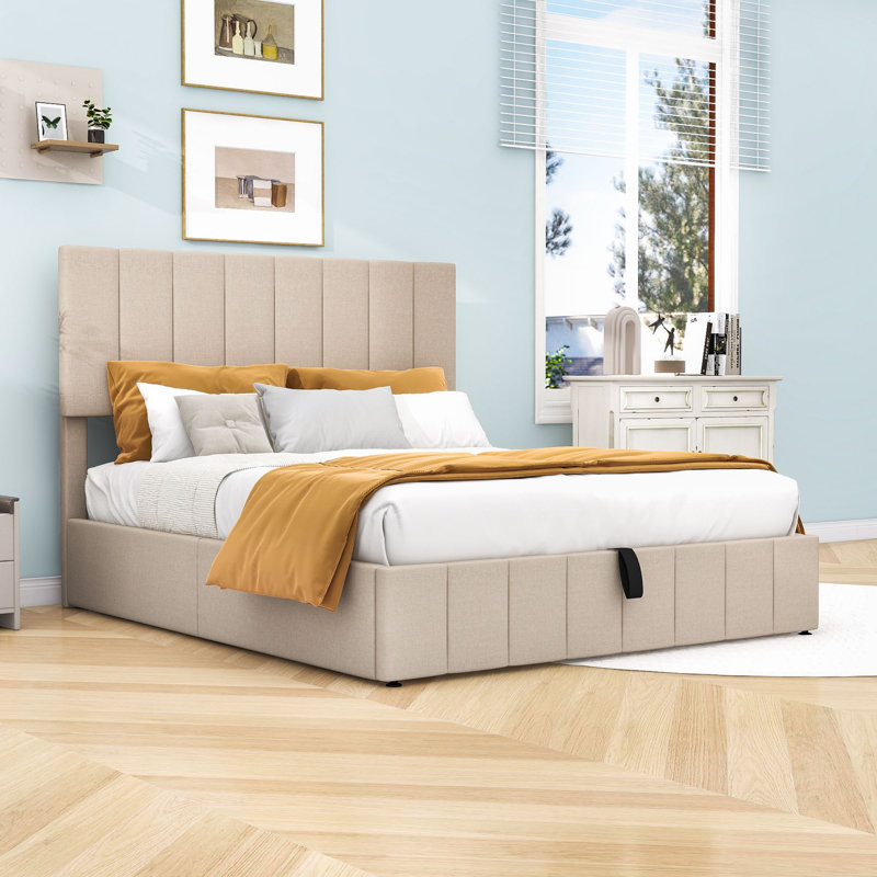 Lit plateforme, cadre de lit en bois avec système de rangement hydraulique, Grand, Beige