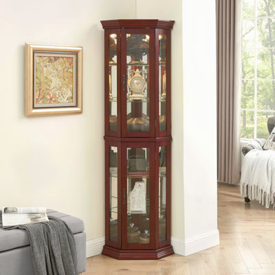 Corner Curio Cabinet With Lights, Adjustable Tempered Glass Shelves, Mirrored Back, Display Cabinet,Cherry (E26 Light Bulb Not Included)