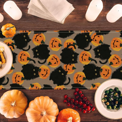 Chemin de table d'Halloween, chat noir, citrouilles, cuisine saisonnière, table de salle à manger, décorations de fêtes extérieures, 13 x 48 po