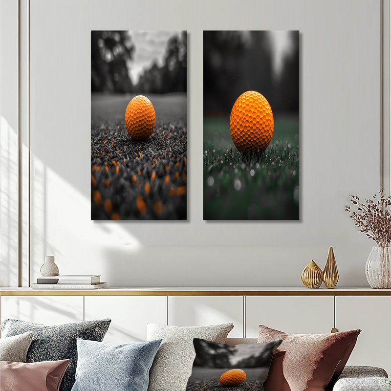 Ensemble de 2 balles de golf monochromes gris orange I, Ne s’applique pas, Toile tendue sur cadre, H 28 po x l 24 po
