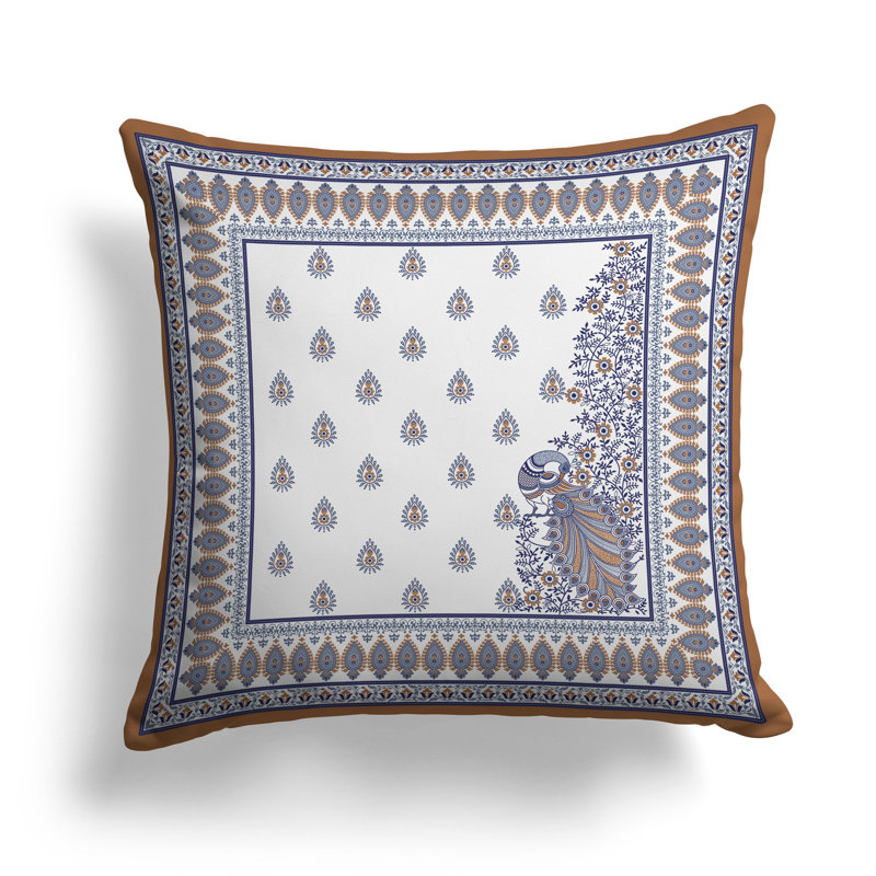 Coussin Indian Gardenia, Bleu / Orange, H 16 po x l 16 po