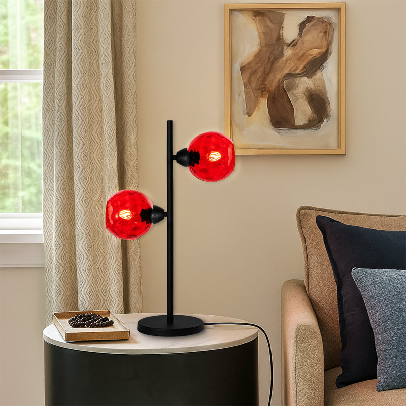 Lampe de table à culot en verre 2 lumières avec base en métal noir - Double lumière moderne, Rouge, Noir