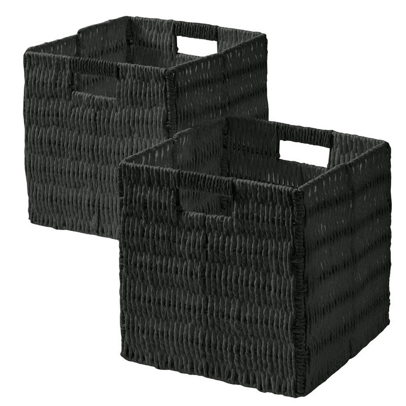 2 Pack Wicker Paper Storage Basket Cube Bin, Black, 13" H x 13" W x 13" D