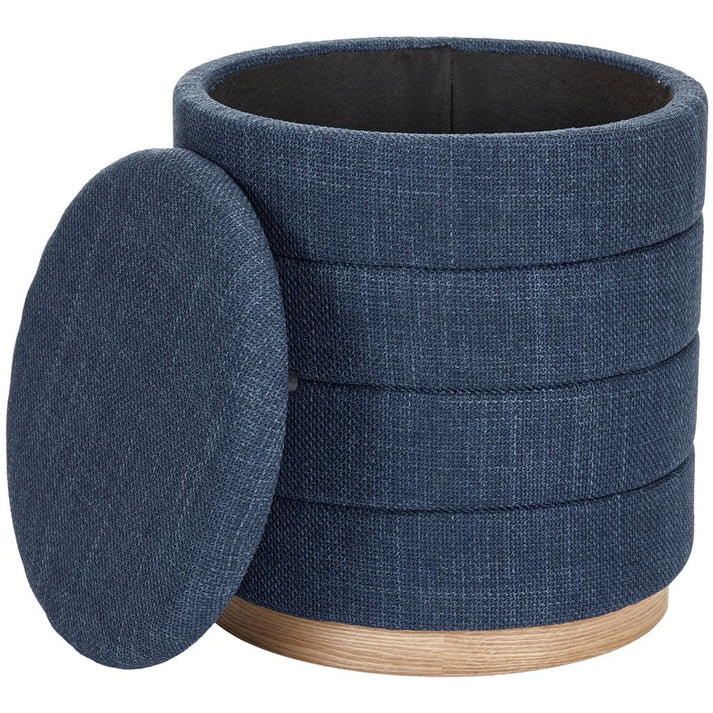 16" Round Upholstered Linen Storage Ottoman, Dark Blue