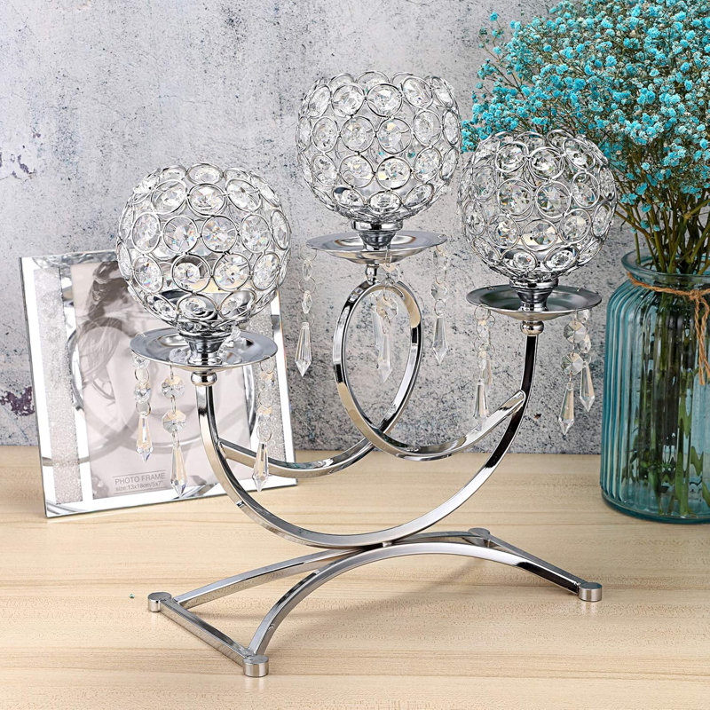 3 Arms Crystal Candle Holders Bowls Tealight Candelabras Candlestick Candle Stand Ornaments(Silver)