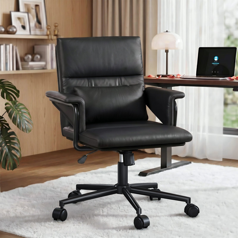 Mid-Back Office Chair with Lumbar Pillow – Adjustable Recline Task Chair, Faux Leather Upholstery for Home & Office, Black