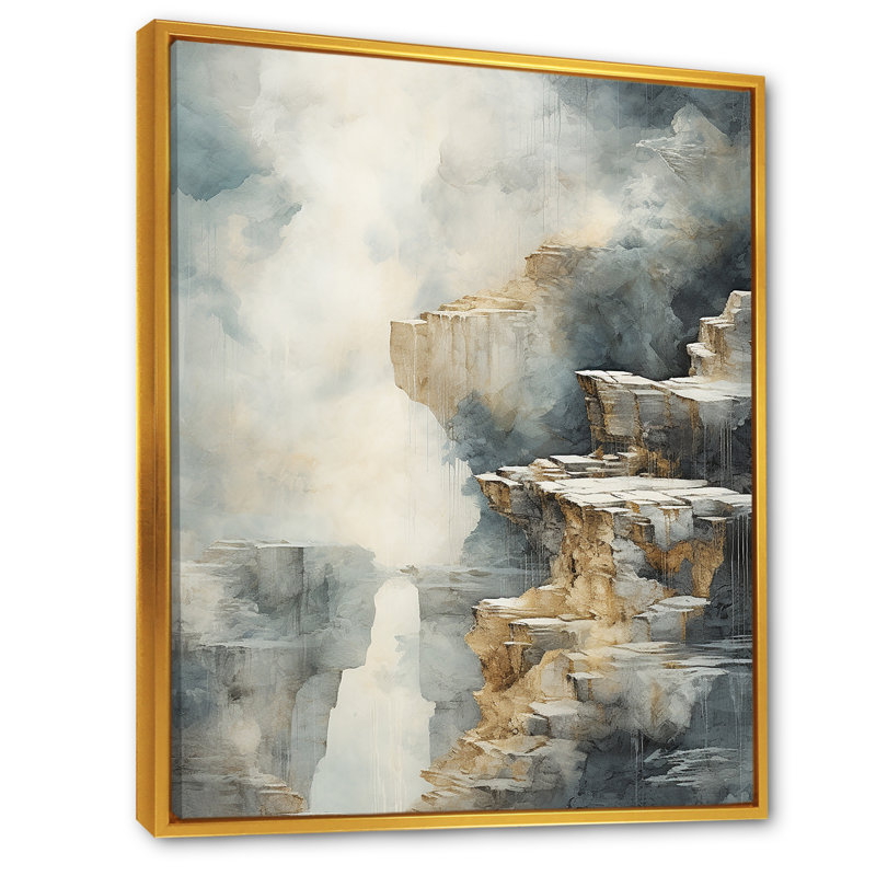 «Gold and Grey Waterfall Adventure Scene II», reproduction sur toile, Cadre flottant doré, H 32 po x l 16 po x P 1 po
