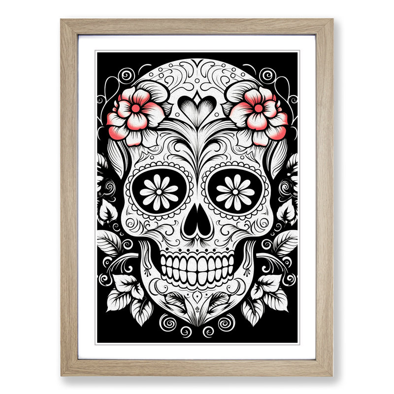 Sugar Skull Line No.2 - Single Picture Frame Print on Wood, 34cm H x 25cm W x 2cm D, Oak
