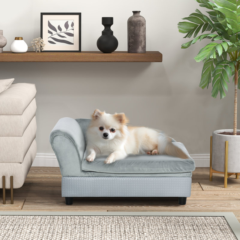 Ziva Pet Sofa, Dog Couch, Elevated Pet Bed for Small Dogs, with Hidden Storage, Soft Tufted Cushion,wood, Light Blue