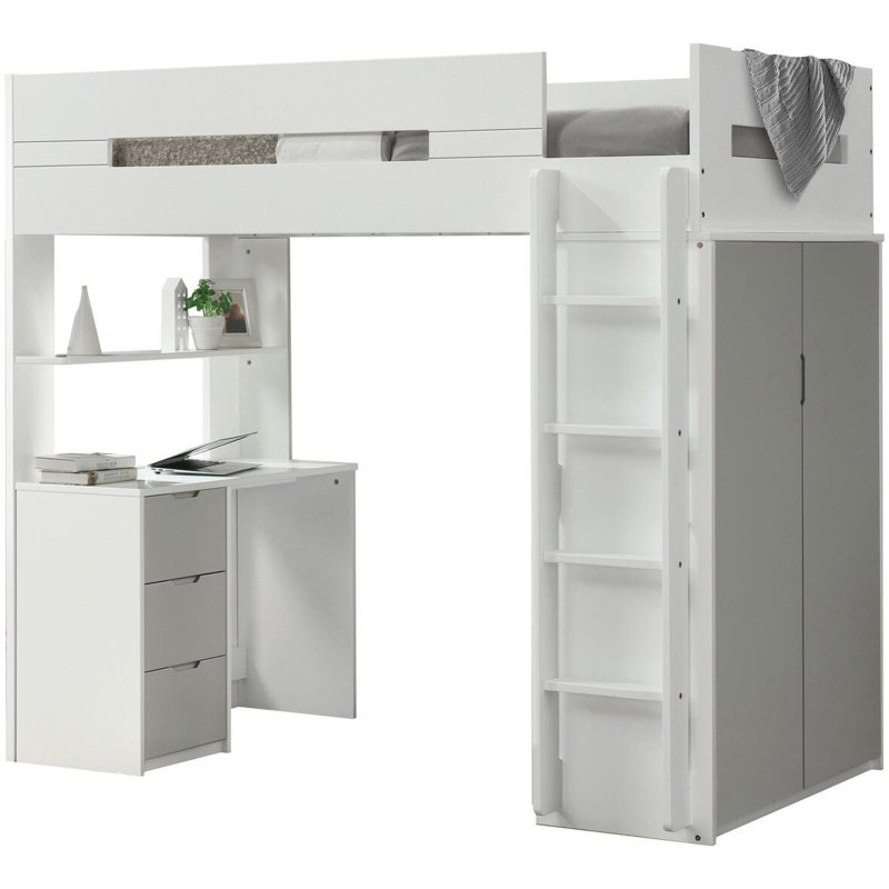 Oregon Twin 3 Drawer Loft Bed with Bookcase by Isabelle & Max, White/Gray