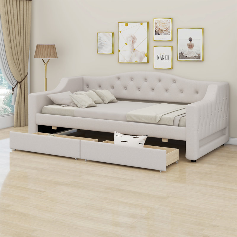 Upholstered Daybed With LED Belt And 2 Drawers, Beige