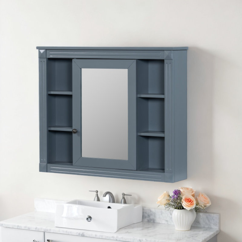 Armoire de rangement murale moderne avec miroir et 6 tablettes ouvertes, Bleu