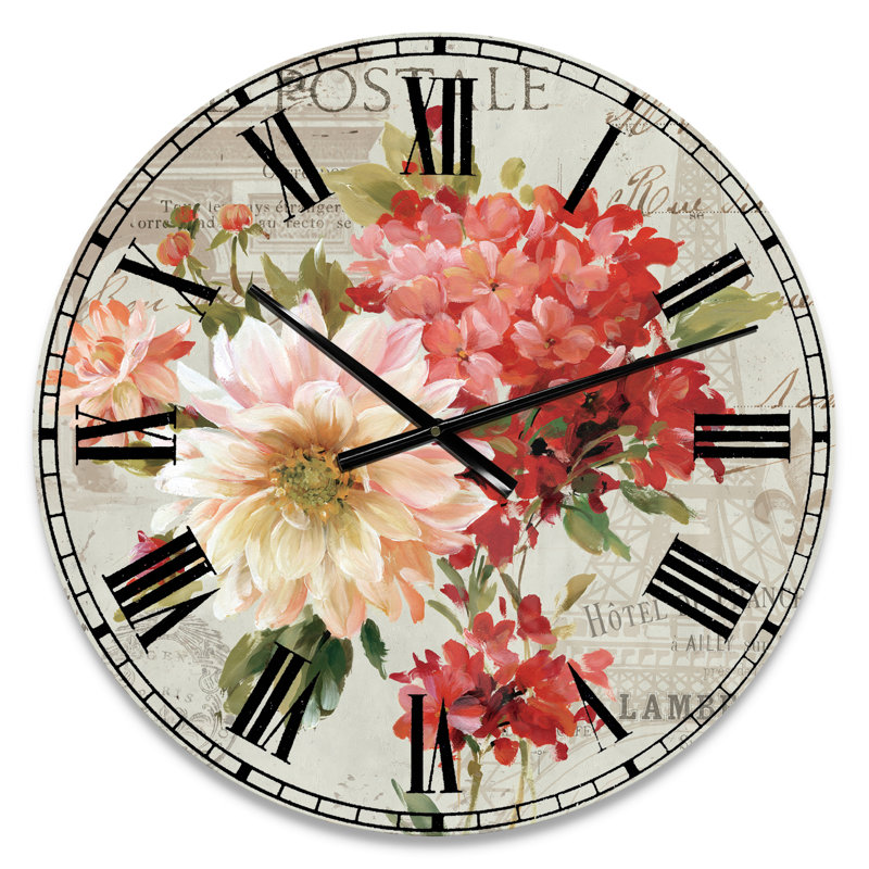 Fleurs rouges peintes sur une carte postale rétro I - horloge murale traditionnelle, Petit