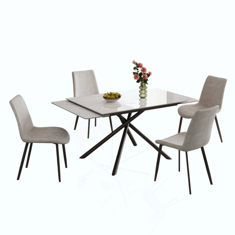 Ensemble de table de salle à manger rétractable en pierre frittée, il présente une conception rectangulaire moderne, avec des pieds de table en acier au carbone et une structure à pieds croisés au bas (table + 4 chaises)