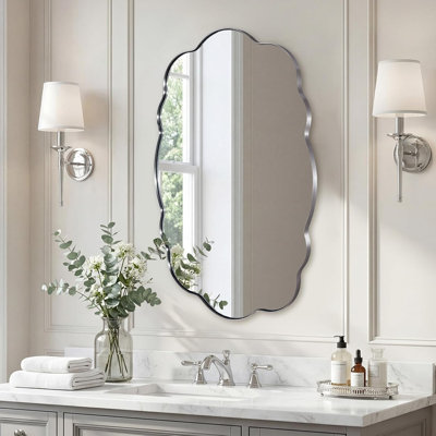 Brushed Nickel Wavy Oval Bathroom Mirror,24x40 Inch Silver Scalloped Wall Mirror, Unique Irregular Wall Mirror with Sophisticated Curved Design
