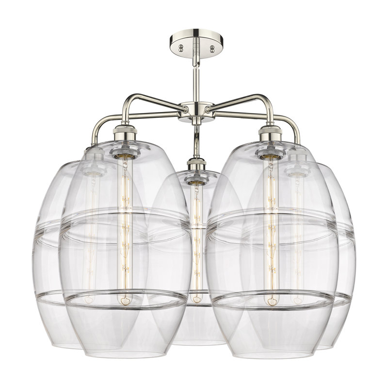 Lustre rond / ovale à abat-jour 5 lumières, Nickel poli, H 24 po x l 28 po x P 28 po, Transparent
