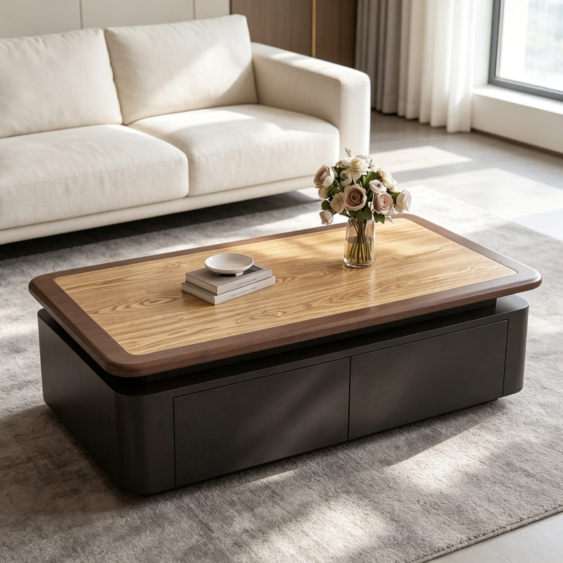 Table basse rétro française, H 17,71 po x l 51,18 po x P 27,55 po, Burlywood / noir