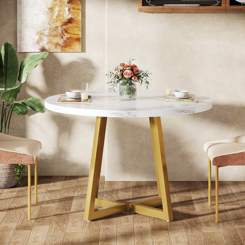31.5" Round Dining Table for 2, White & Gold