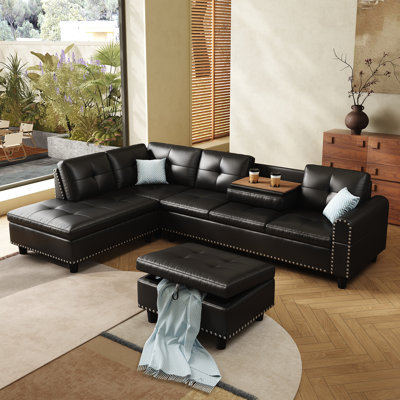 97.5"Oversized Sectional Leather Couch, L Shaped Couch with Ottoman