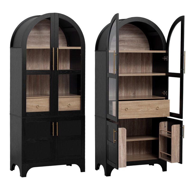 Armoire de cuisine 71 po avec plateau arqué - tablettes réglables + tiroir caché et porte vitrée - armoire de rangement autoportante pour la salle à manger ou la cuisine