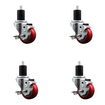 3 Inch Red Poly Swivel 1-3/4 Inch Expanding Stem Caster Set with Brake SCC