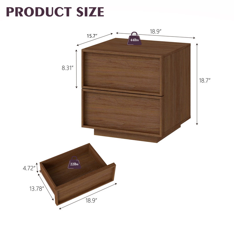 18.9"W Wooden Nightstand with 2 Drawers (Set of 2), Walnut