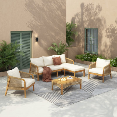 Corianna Coastal Contemporary 5-Piece Acacia Outdoor Conversation Set With Rope-Wrapped Frame And Water-Repellent Cushions