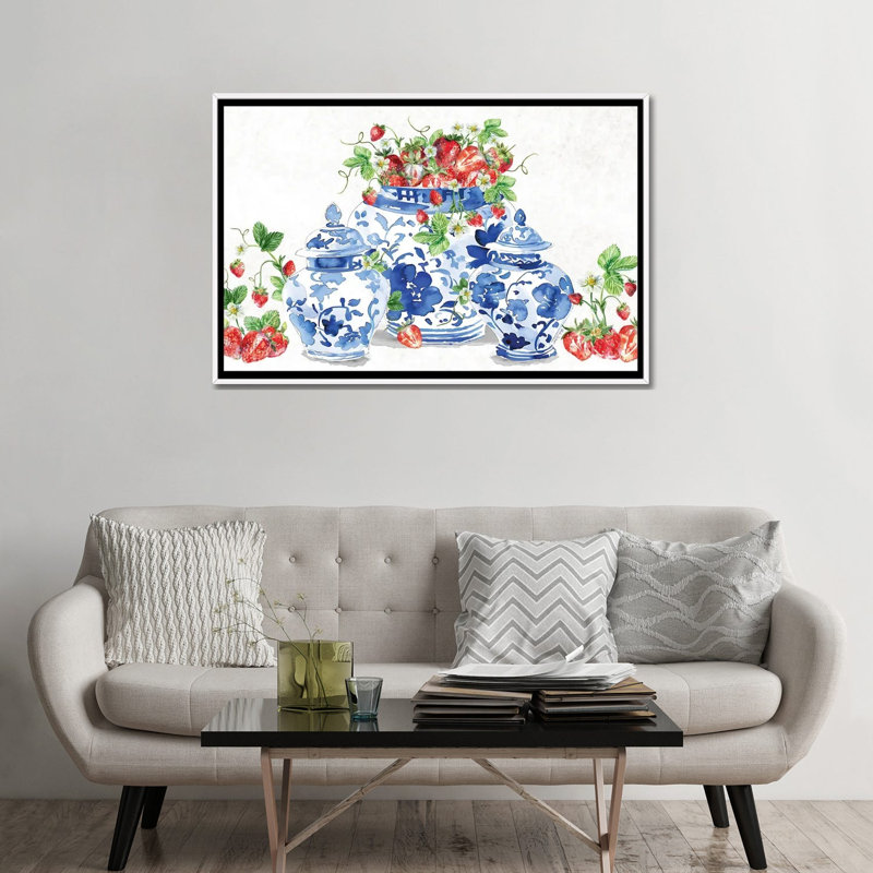 Ginger Jars And Strawberries - reproduction d'art murale - toile encadrée, 48" x 32", Framed Canvas, White