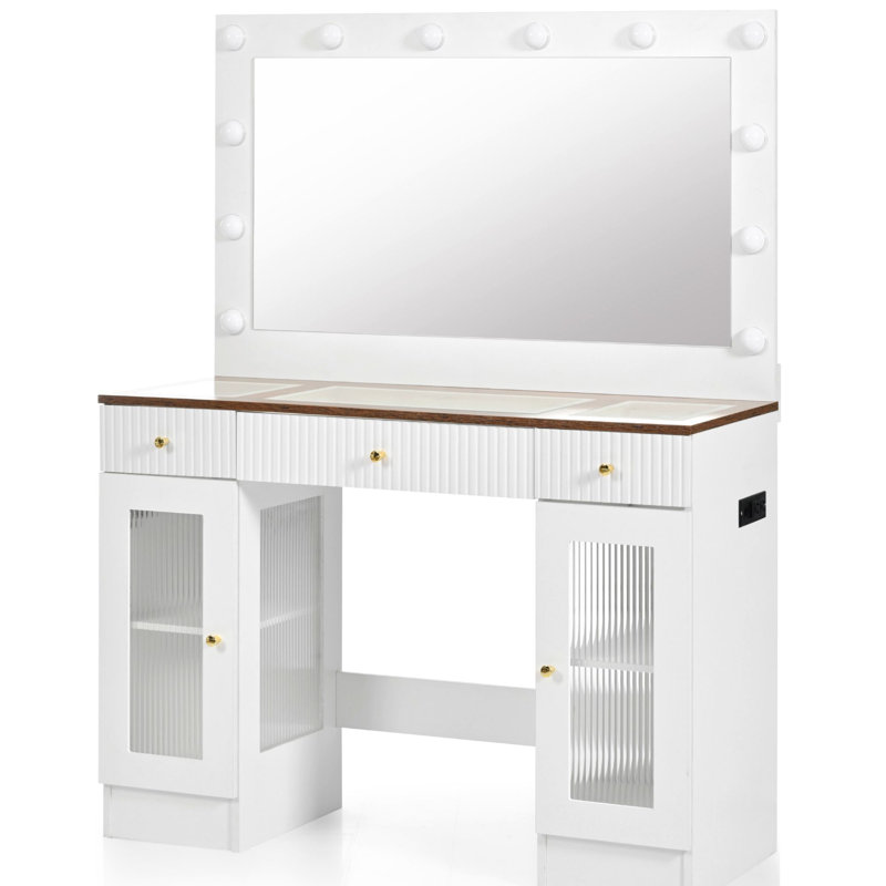 Grande coiffeuse de 43,3 po, coiffeuse avec grand miroir et lumières 3 couleurs, coiffeuse à maquillage en verre avec armoires RVB et prise de courant pour la chambre à coucher, blanc