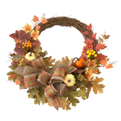 24" Big Thanksgiving Wreath with Faux Pumpkin & Maple leaf for Front Door Window Wall