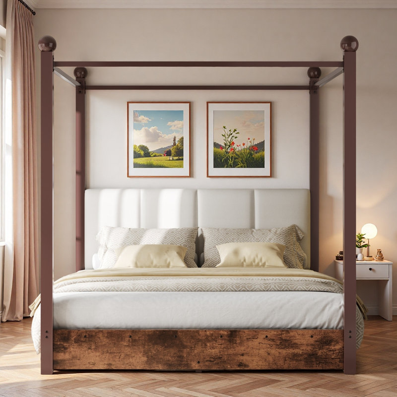 Lit plateforme à baldaquin avec tête de lit tapissier et structure en métal, King, Brown