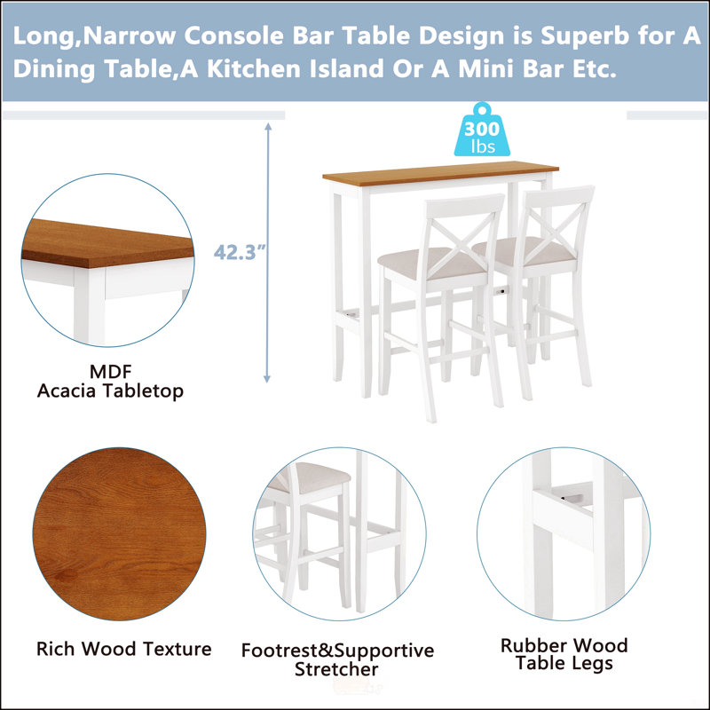 Ensemble de salle à manger de style campagnard, hauteur bar rectangulaire de 122 cm (48 pouces), avec 2 chaises, design gain de place pour les petites cuisines