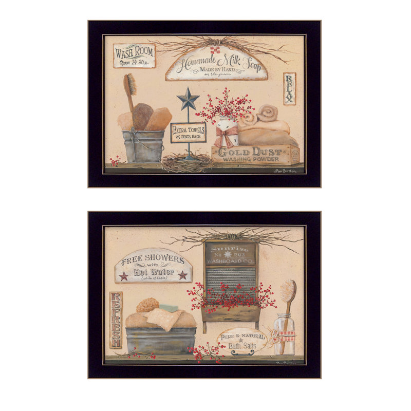 Art mural encadré vignette 2 pièces pour salle de bain, maison par Pam Britton, Cadre noir