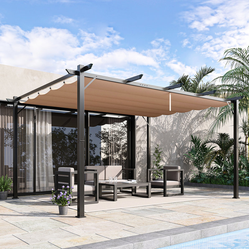 10' X 13' Retractable Canopy Pergola For Backyard - Outdoor Meeting, Garden, Grill Gazebo Shade Charcoal Gray Aluminum Patio With Porch, Party,