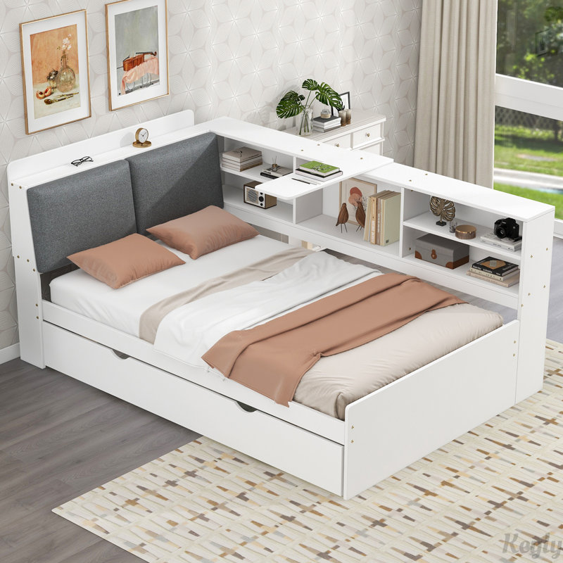 Lit plateforme en bois avec lit gigogne, Simple, Blanc