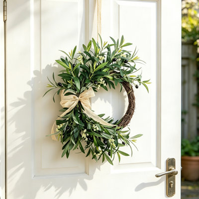 Couronne ronde en rotin olive avec un arc, couronnes artificielles de 19,69 po avec des feuilles d'olivier, couronne de fausse olive toute l'année à la maison