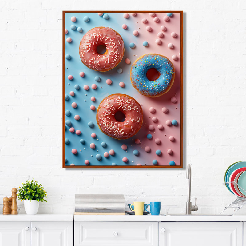 Délicieuse rose et bleue Sparkle Donuts III, H 20 po x l 12 po x P 1 po, Toile avec cadre flottant brun