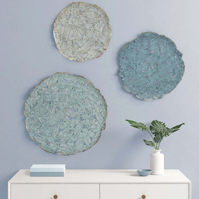 Textured Feather 3-Piece Metal Disc Wall Decor Set, Blue